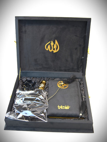Black Velvet Tazkira Quran Set (Ittar , customise Tasbeeh Gold plated , scarf , Prayer Mat)