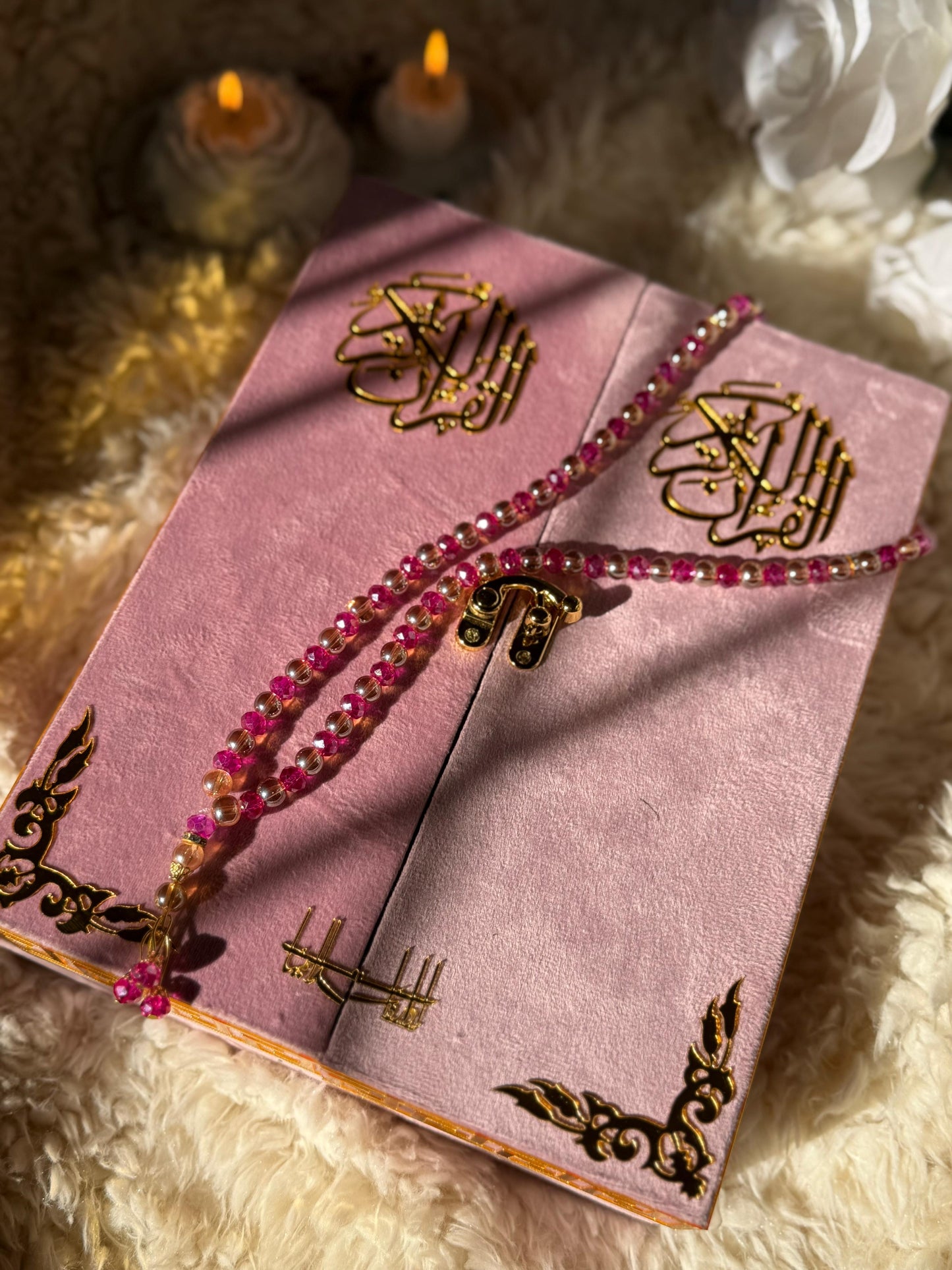 Al Kitab Pink Velvet Standing Quran Set