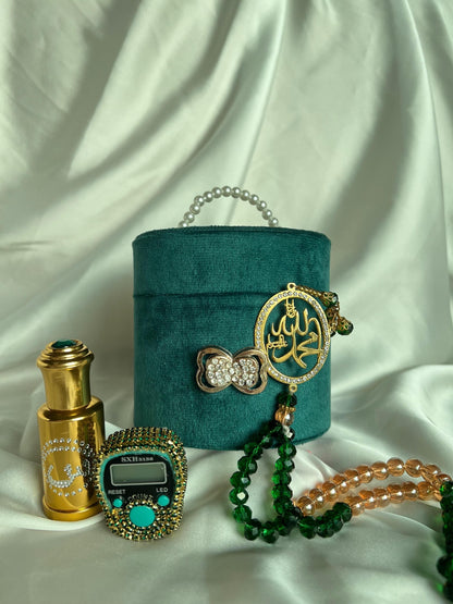 Velvet Tasbeeh box with ittar and Gold Plated Tasbeeh along with fancy counter