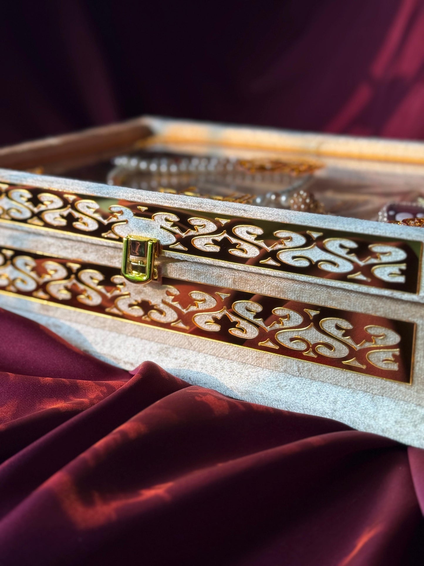 Ziwaj Golden Transparent Set ,Velvet Rahal, Velvet Box , Ittar , Tasbeeh , Counter , Prayer Mat