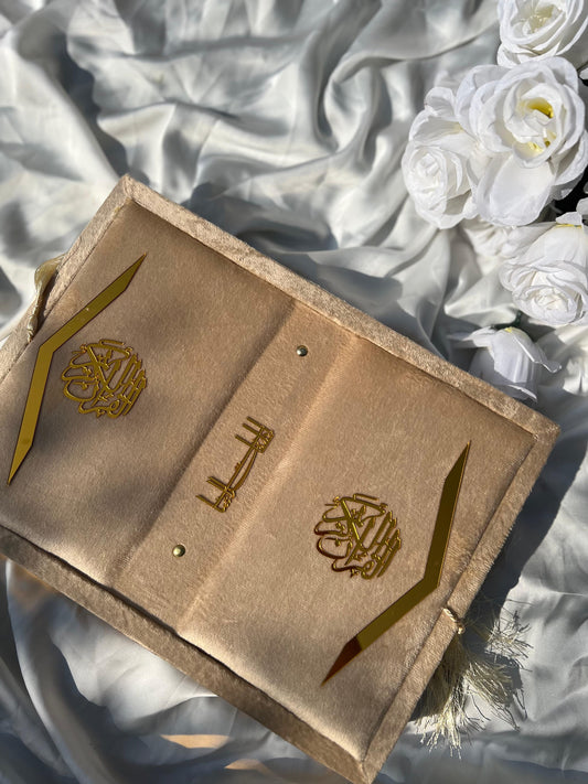 Golden Velvet Bridal Quran Set ( Ittar , Tasbeeh , Rahal box , Velvet Quran)