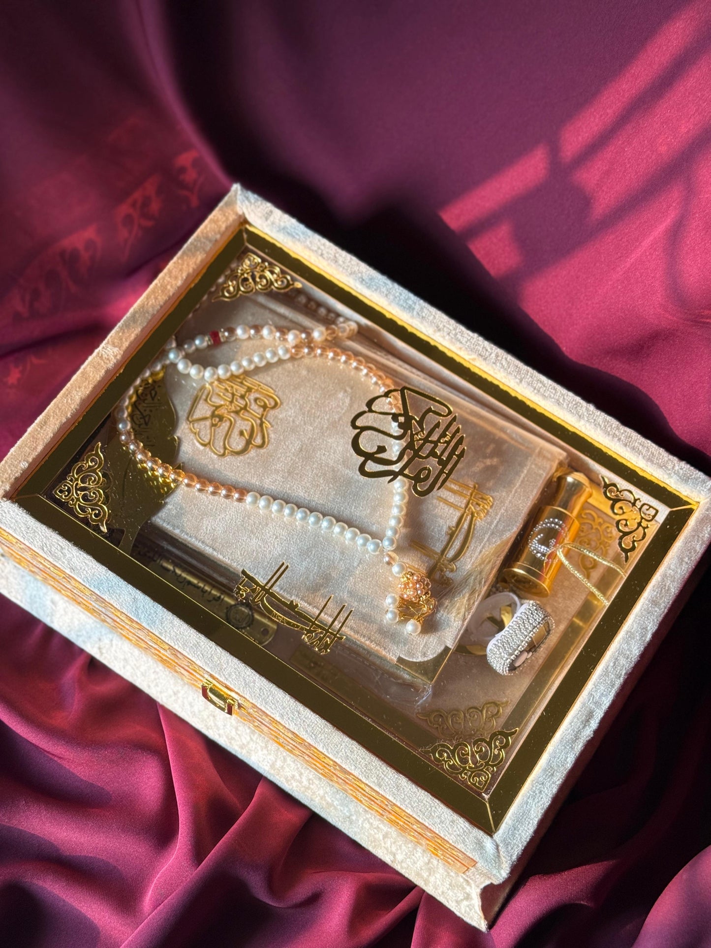 Ziwaj Golden Transparent Set ,Velvet Rahal, Velvet Box , Ittar , Tasbeeh , Counter , Prayer Mat