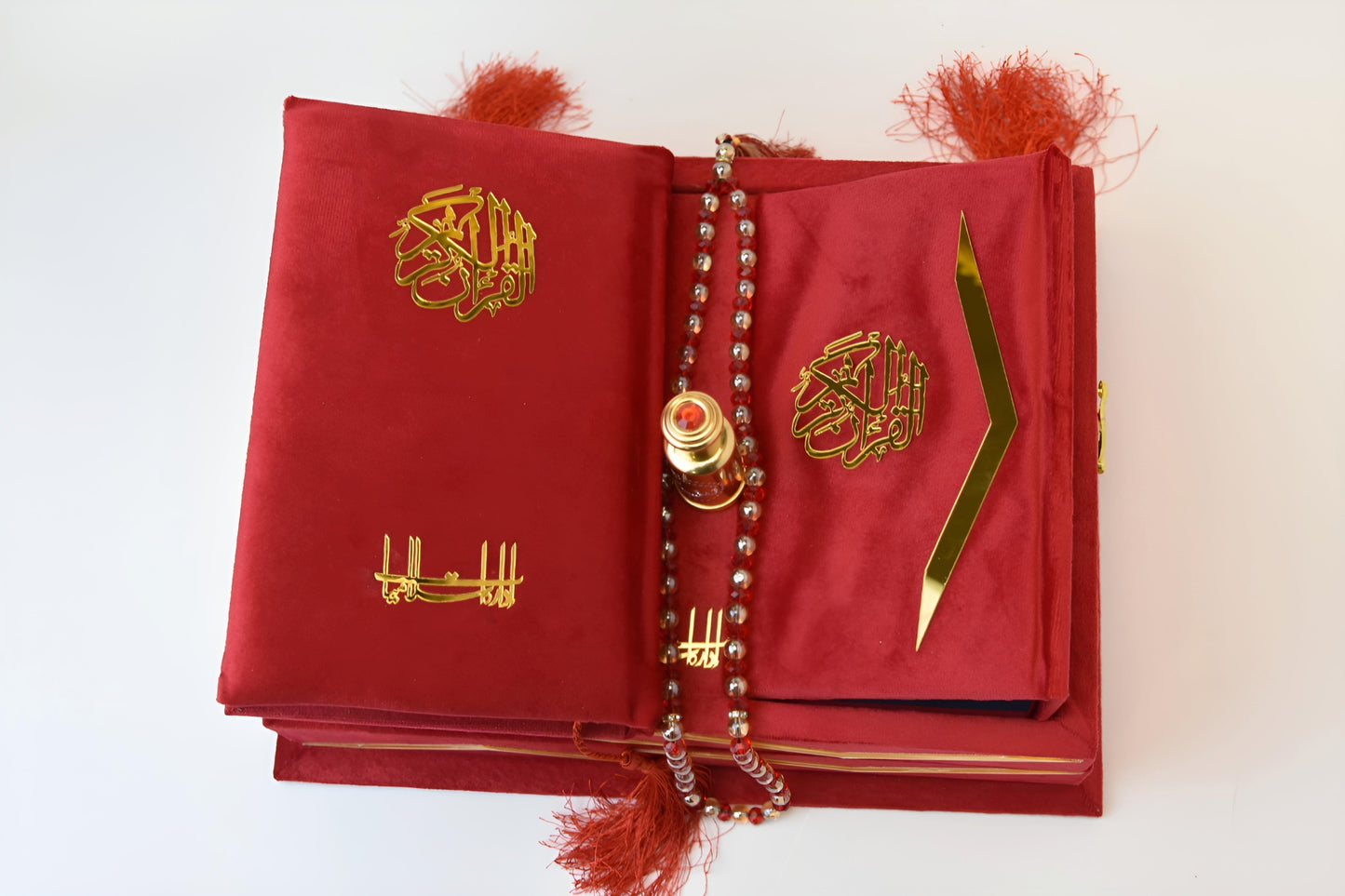 Ruby Red Velvet Quran Set (Tasbeeh , Ittar , Velvet Rahal Box , Velvet Quran)