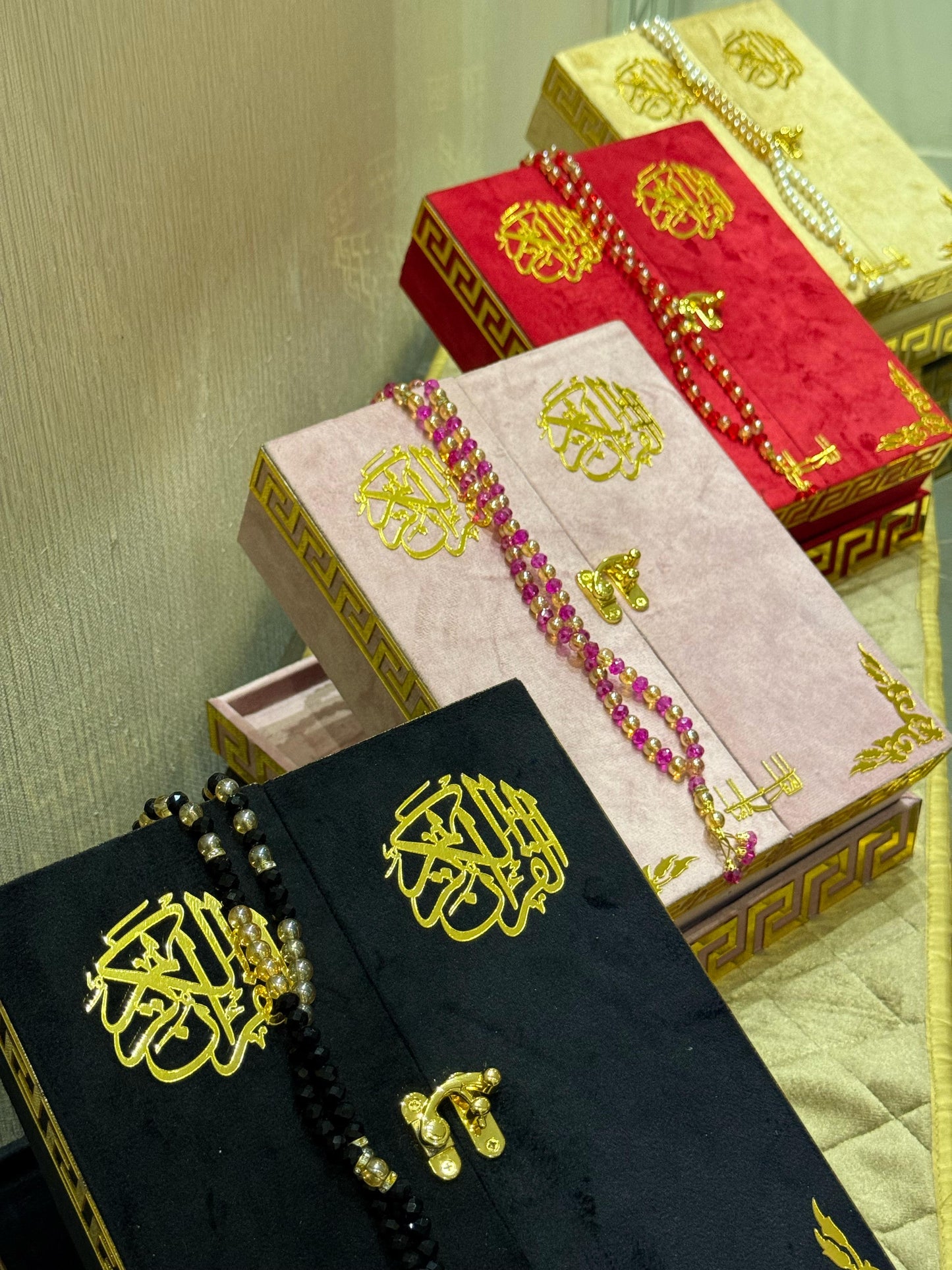 Al Kitab Golden Velvet Standing Quran Set, Standing Rahl Box , Velvet Quran , Counter Tasbeeh ,Matching Tabsbeeh , Bookmark , Matching Janamz , Customise Name