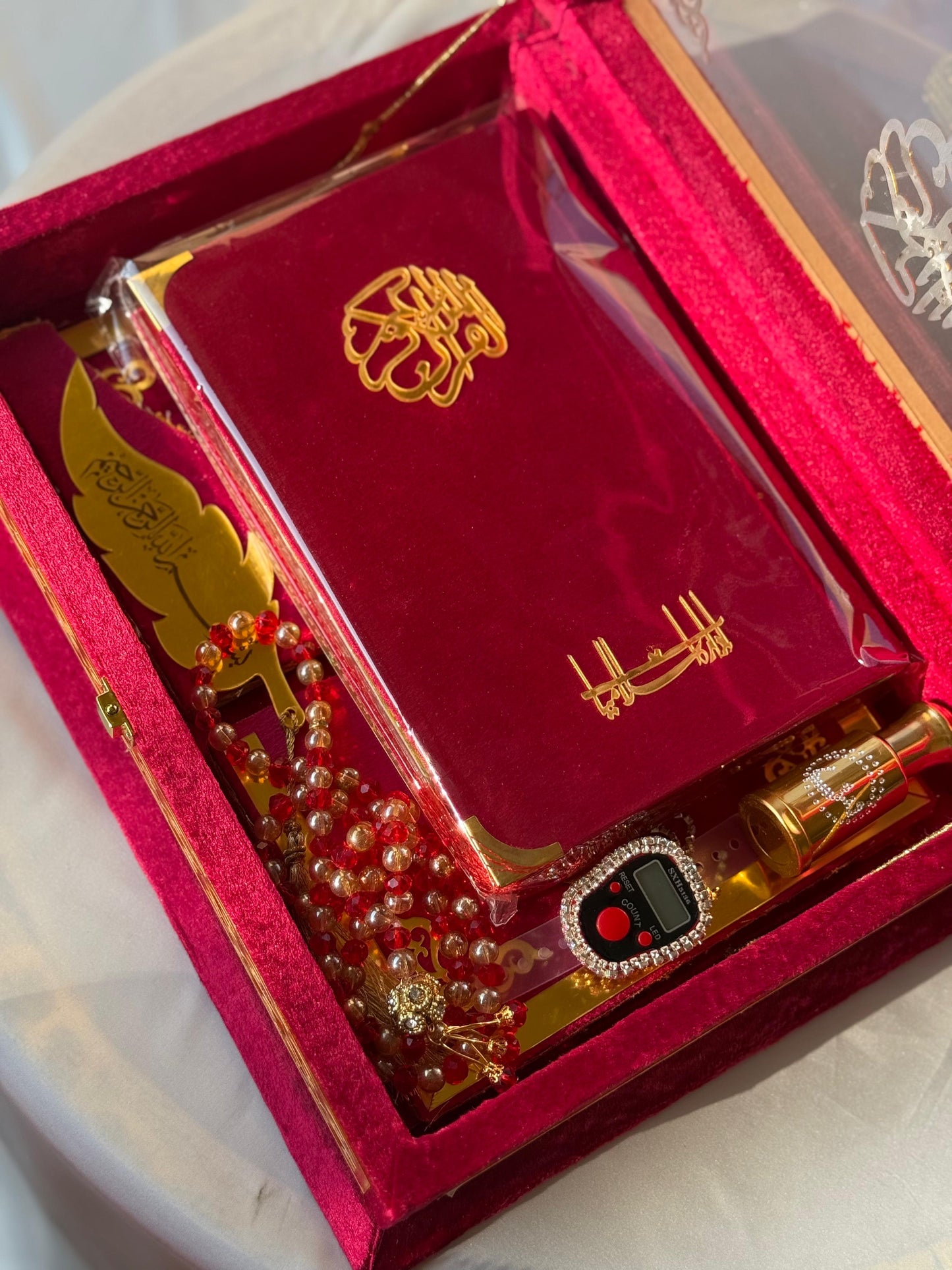 Ziwaj Quran Set , Transparent Bridal Velvet Red Quran Set , ittar , Tasbeeh , velvet Rahal , Counter Tasbeeh , Book Mark , Matching Janamz