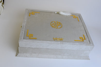 Pearl White Tazkira Quran Set (Ittar  , Scarf Gold Plated Tasbeeh, Janamz)