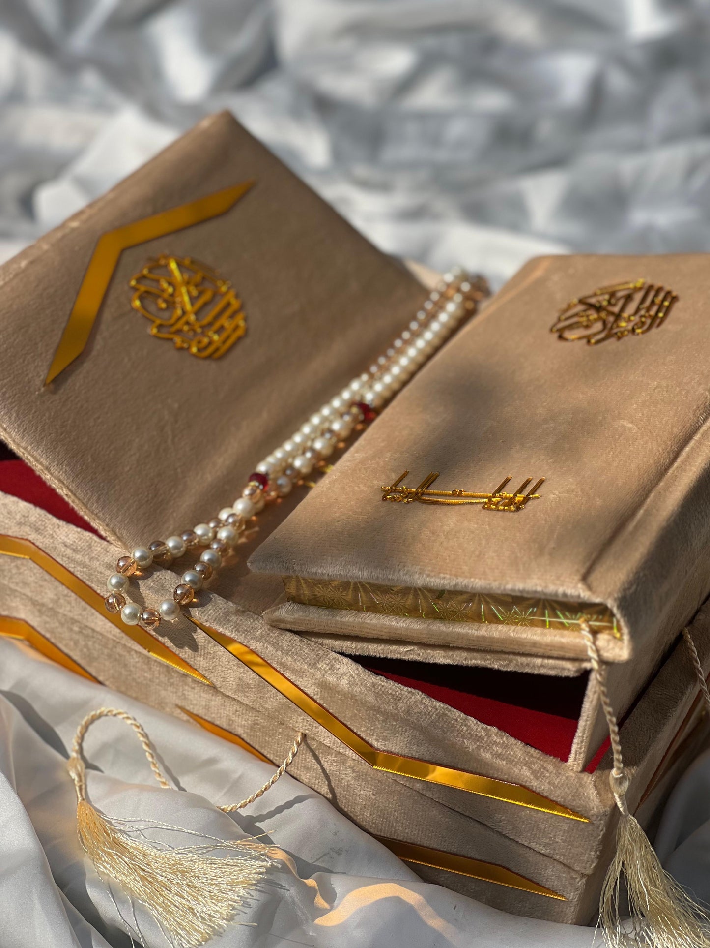 Golden Velvet Bridal Quran Set ( Ittar , Tasbeeh , Rahal box , Velvet Quran)