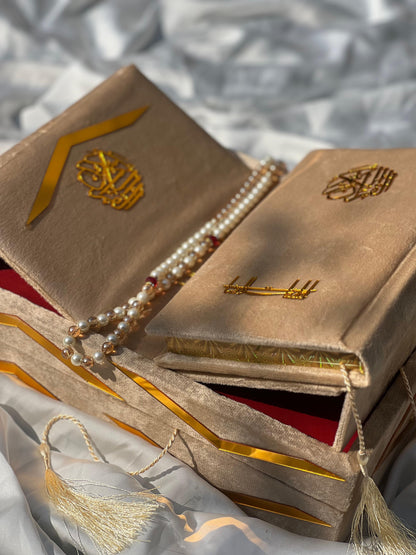 Golden Velvet Bridal Quran Set ( Ittar , Tasbeeh , Rahal box , Velvet Quran)