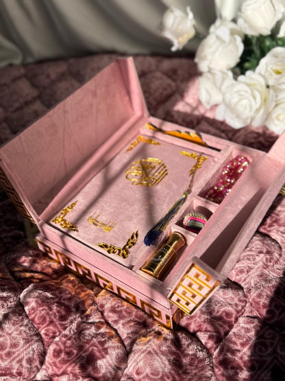 Al Kitab Pink Velvet Standing Quran Set , Standing Rahl Box , Velvet Quran , Counter Tasbeeh ,Matching Tabsbeeh , Bookmark , Matching Janamz , Customise Name