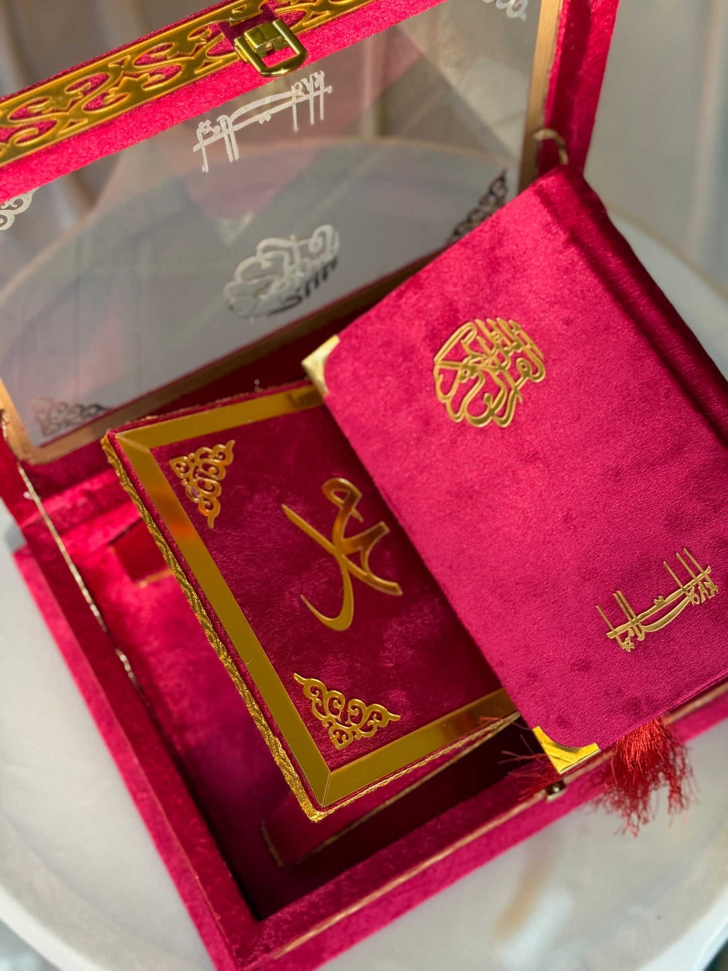 Ziwaj Quran Set , Transparent Bridal Velvet Red Quran Set , ittar , Tasbeeh , velvet Rahal , Counter Tasbeeh , Book Mark , Matching Janamz