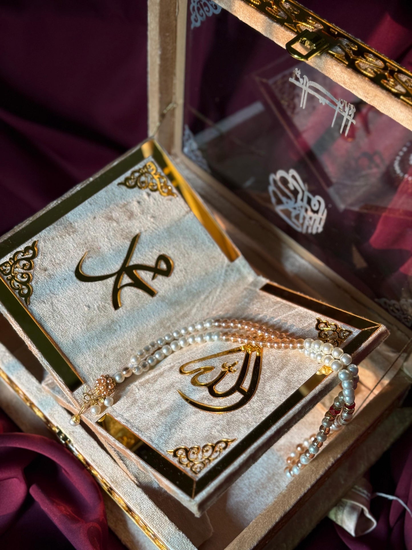 Ziwaj Golden Transparent Set ,Velvet Rahal, Velvet Box , Ittar , Tasbeeh , Counter , Prayer Mat