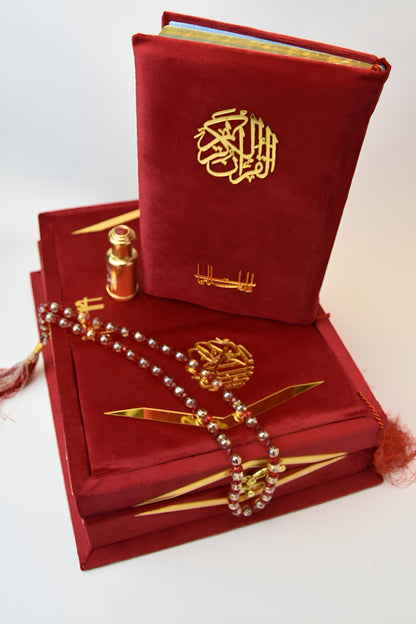 Red Velvet Bridal Quran Set (Ittar , tasbeeh , Prayer Mat, Velvet Box/ Rahal Box)