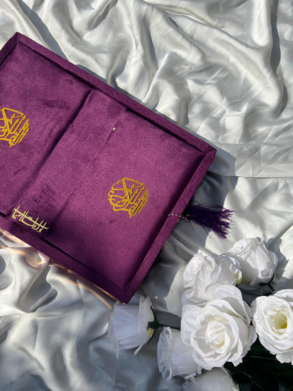 Purple Velvet Gift Quran Set ( Ittar , Matching Tasbeeh ,Rahal Box , Velvet Quran , Carton Box , Delivery Free)