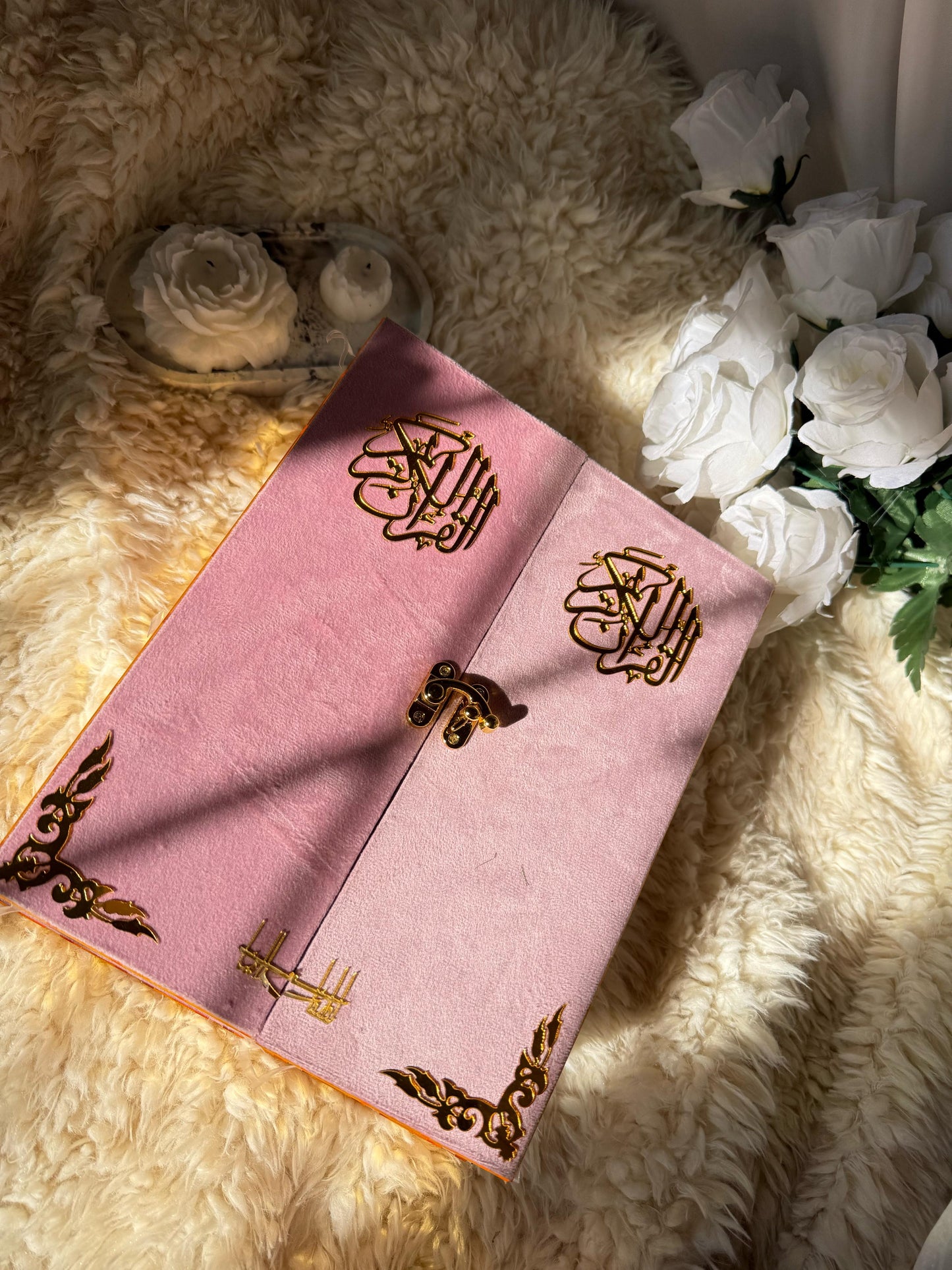 Al Kitab Pink Velvet Standing Quran Set , Standing Rahl Box , Velvet Quran , Counter Tasbeeh ,Matching Tabsbeeh , Bookmark , Matching Janamz , Customise Name