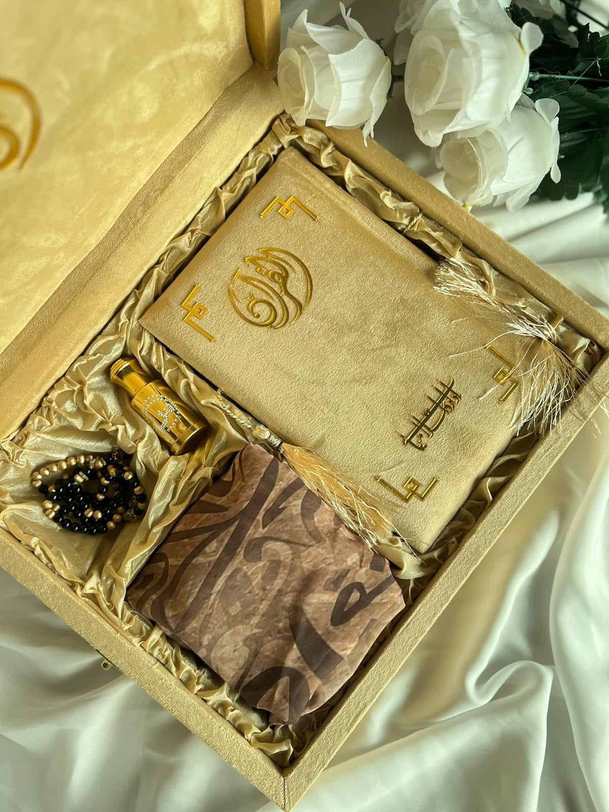 Tazkira Golden Quran Set with Matching Scarf , Gold Plated Tasbeeh , Ittar oud , Velvet Quran , Rahal Box Inclined and Prayer Mat