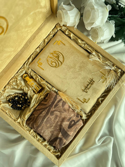 Tazkira Golden Quran Set with Matching Scarf , Gold Plated Tasbeeh , Ittar oud , Velvet Quran , Rahal Box Inclined and Prayer Mat
