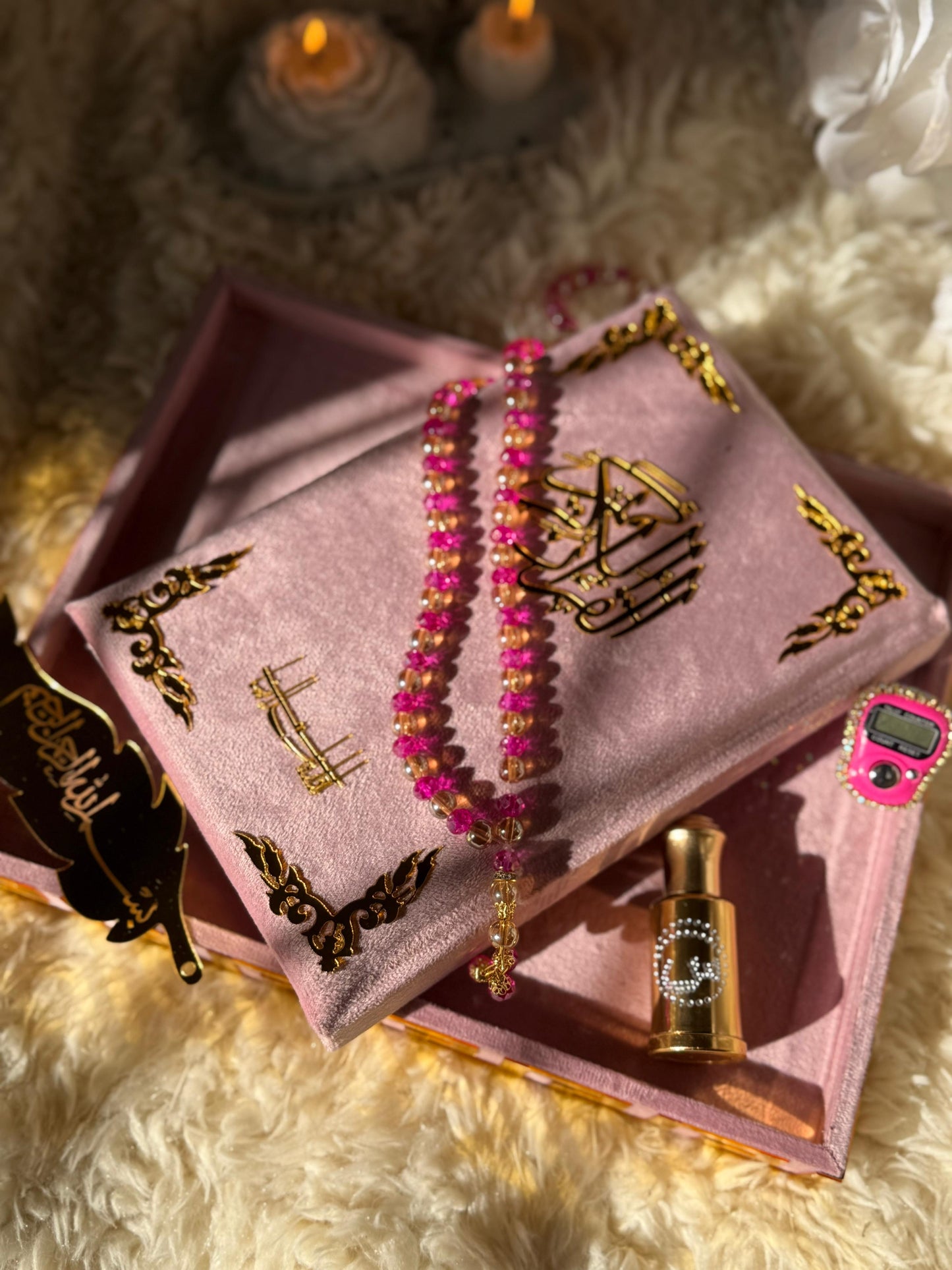 Al Kitab Pink Velvet Standing Quran Set