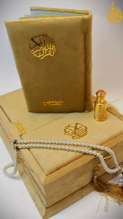 Golden Velvet Bridal Quran Set ( Ittar , Tasbeeh , Rahal box , Velvet Quran)