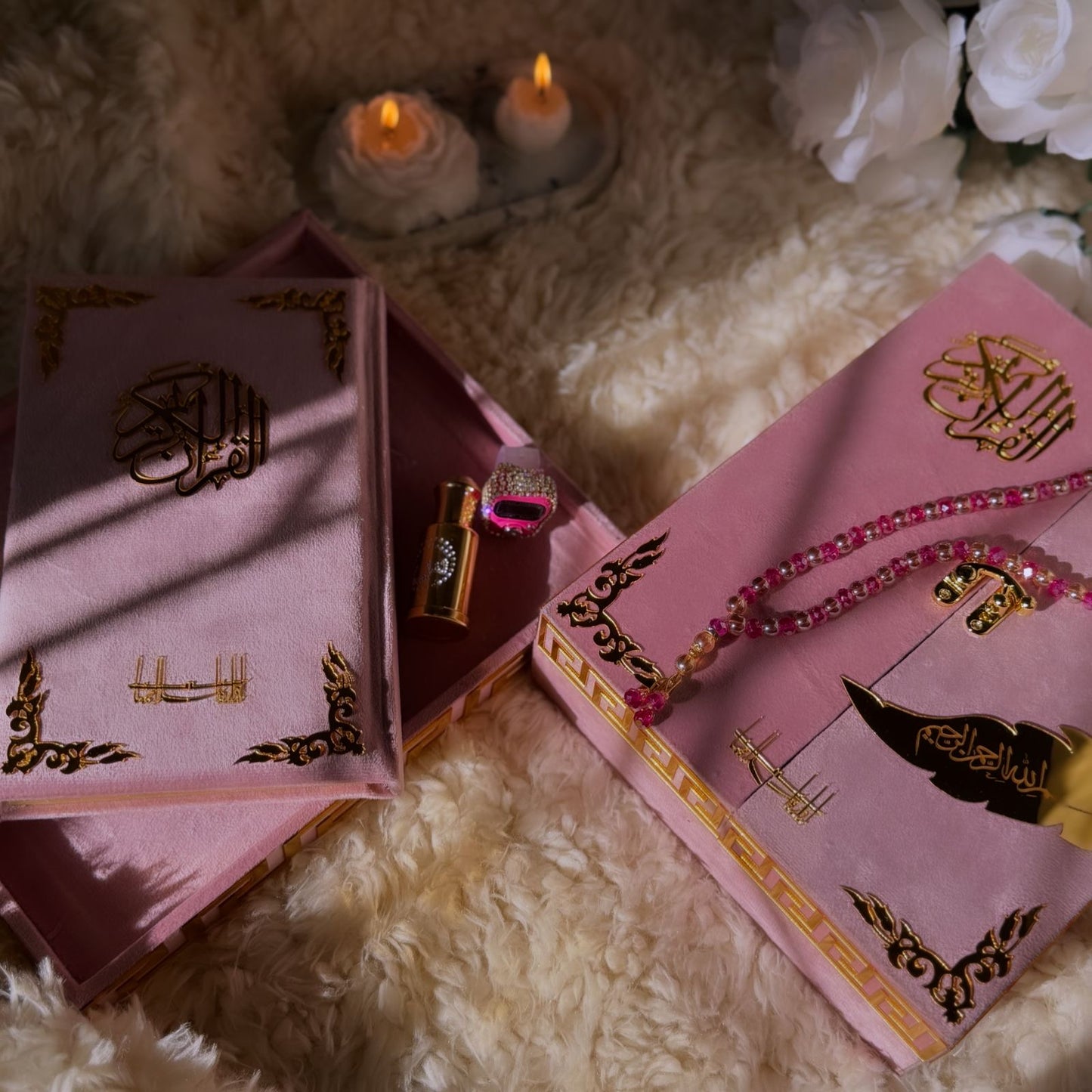 Al Kitab Pink Velvet Standing Quran Set , Standing Rahl Box , Velvet Quran , Counter Tasbeeh ,Matching Tabsbeeh , Bookmark , Matching Janamz , Customise Name