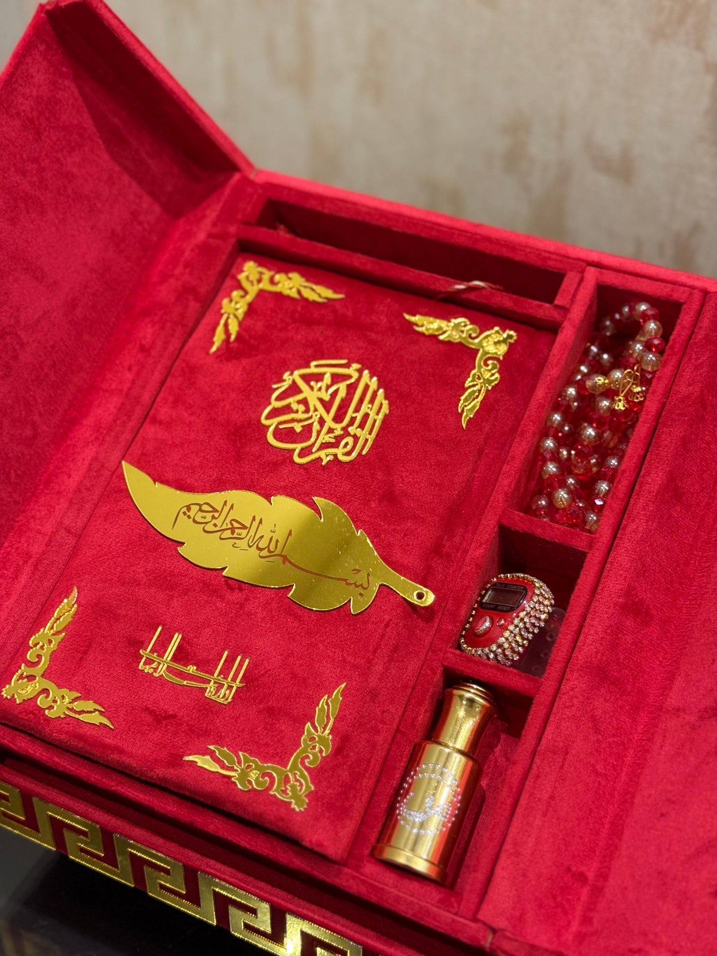 Al Kitab Red Bridal Quran Set , Standing Rahl Box , Velvet Quran , Counter Tasbeeh ,Matching Tabsbeeh , Bookmark , Matching Janamz , Customise Name