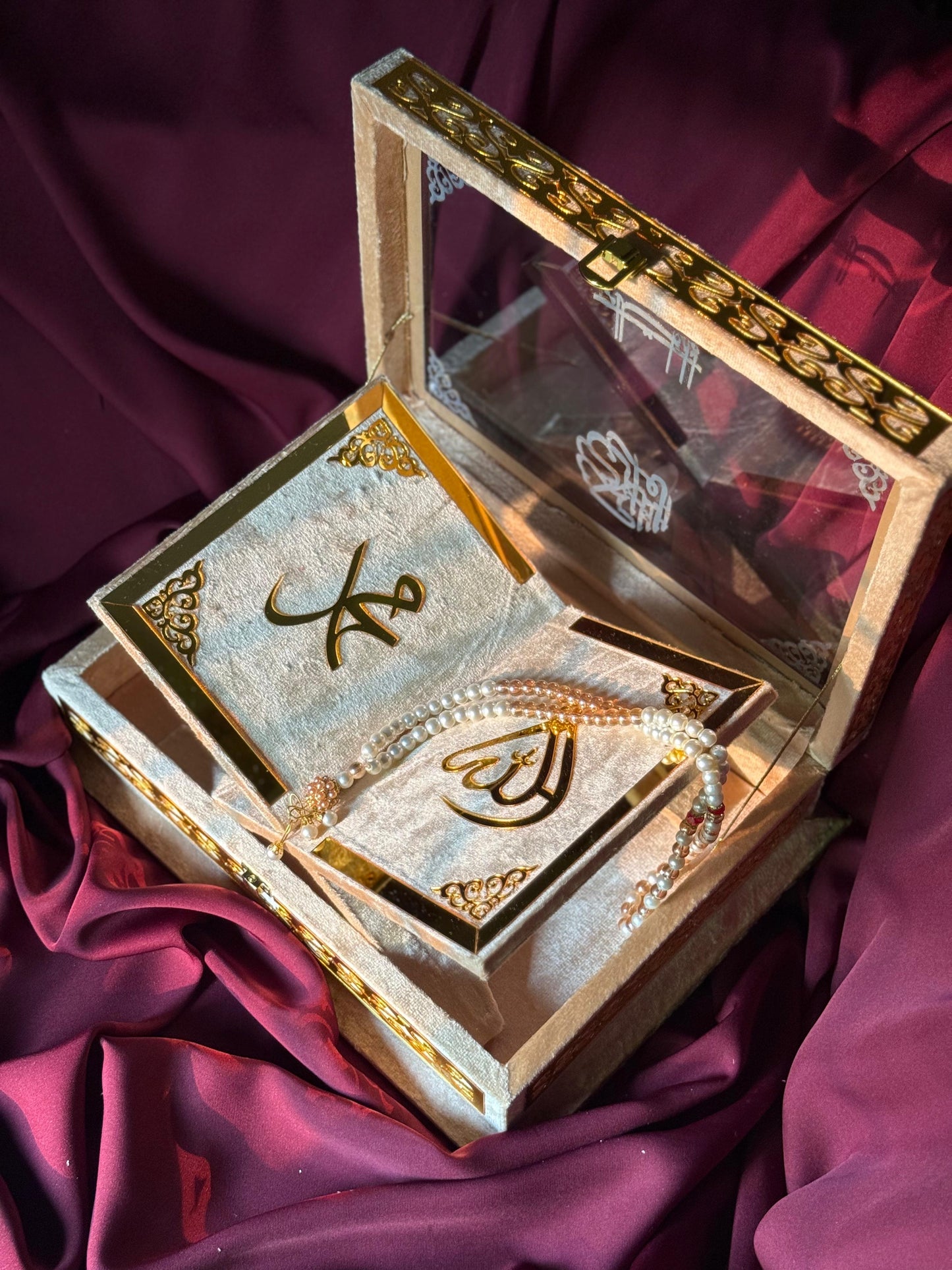 Ziwaj Golden Transparent Set ,Velvet Rahal, Velvet Box , Ittar , Tasbeeh , Counter , Prayer Mat