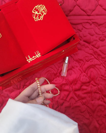 Bridal Red Velvet Translation Quran Set with Tafseer (Ittar ,Tasbeeh , Rahal Box Velvet , Quran , Prayer Mat)