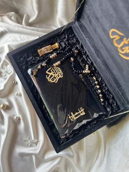 Black Velvet Quran Box –  Premium Islamic Gift Set with Tasbeeh and ittar designed by Idara-e-islamiat 