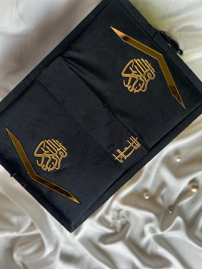Luxury Black Velvet Quran box -  Premium Gift Set with Tasbeeh & ittar. Designed & Published by Idara-e-Islamiat (اداره اسلاميات). Purchase online at Idara-e-islamiat store with free delivery options across Pakistan.