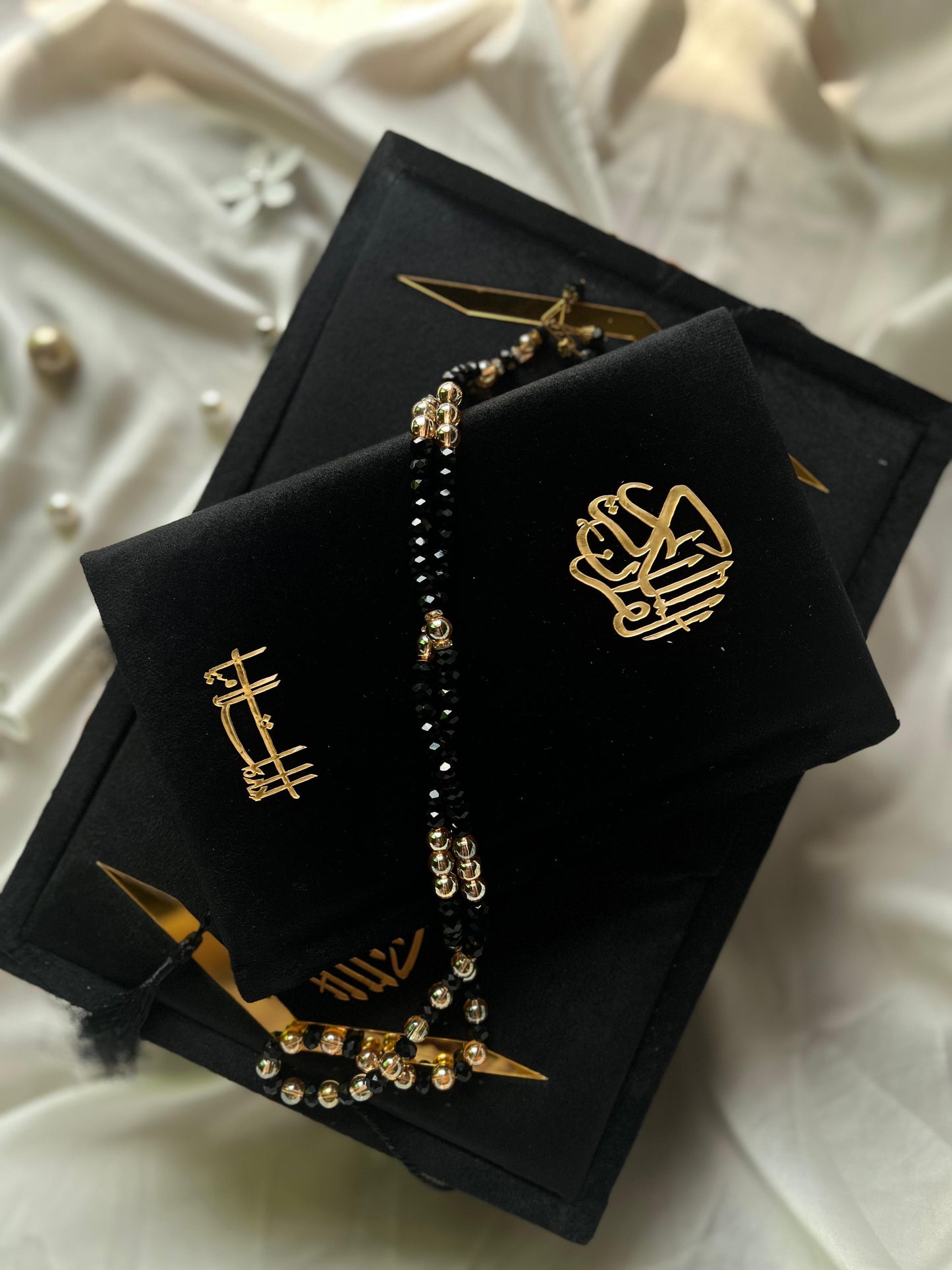 Luxury Black Velvet Quran box -  Premium Gift Set with Tasbeeh & ittar. Designed & Published by Idara-e-Islamiat (اداره اسلاميات). Purchase online at Idara-e-islamiat store with free delivery options across Pakistan.