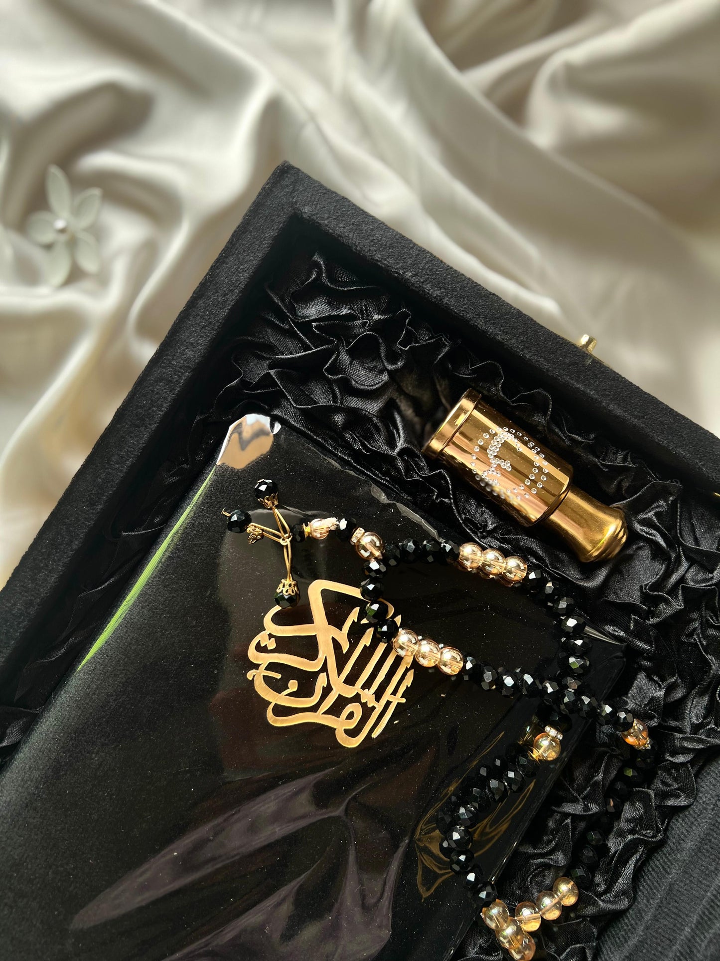 Luxury Black Velvet Quran box -  Premium Gift Set with Tasbeeh & ittar. Designed & Published by Idara-e-Islamiat (اداره اسلاميات). Purchase online at Idara-e-islamiat store with free delivery options across Pakistan.