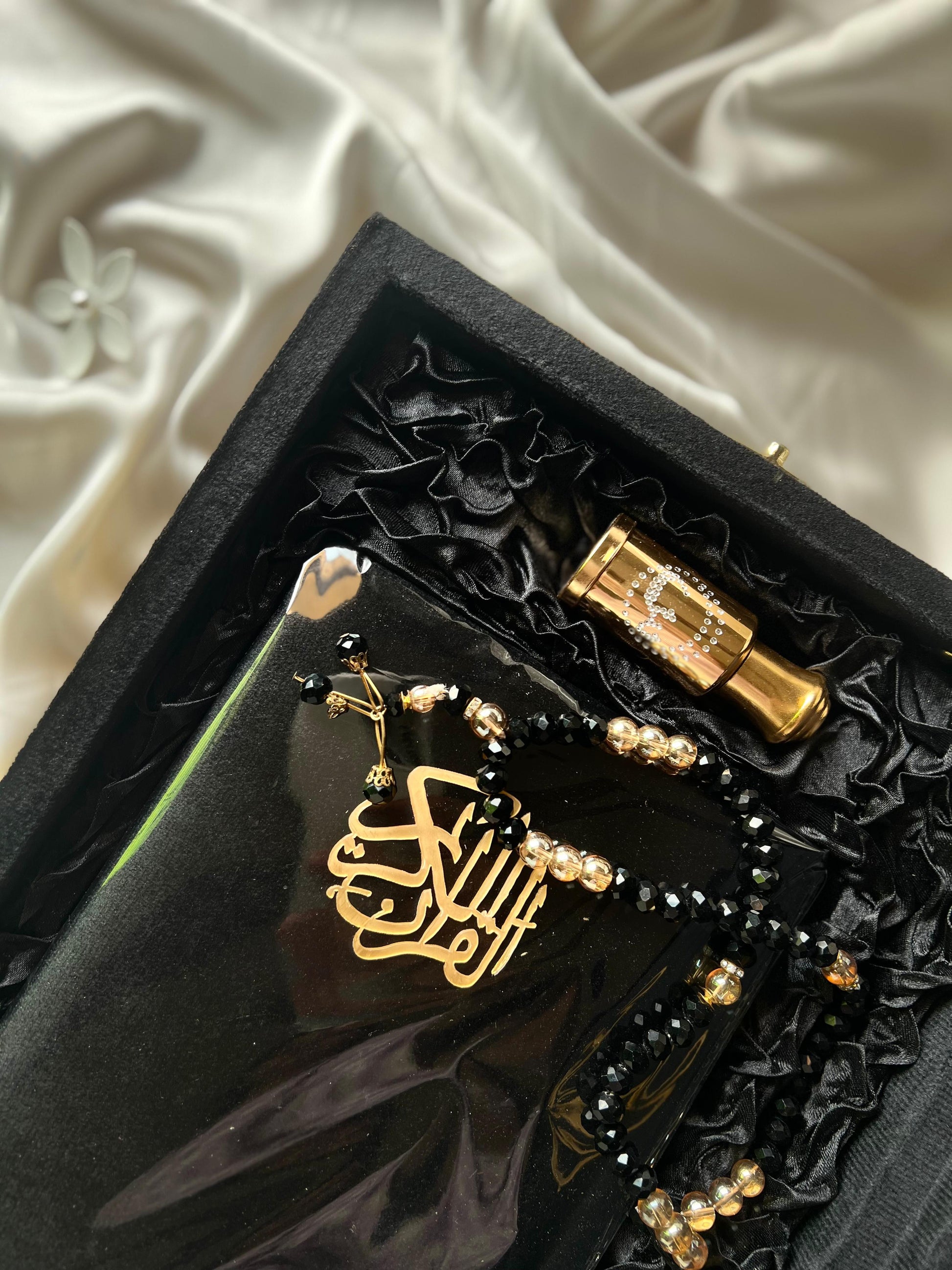 Luxury Black Velvet Quran box -  Premium Gift Set with Tasbeeh & ittar. Designed & Published by Idara-e-Islamiat (اداره اسلاميات). Purchase online at Idara-e-islamiat store with free delivery options across Pakistan.