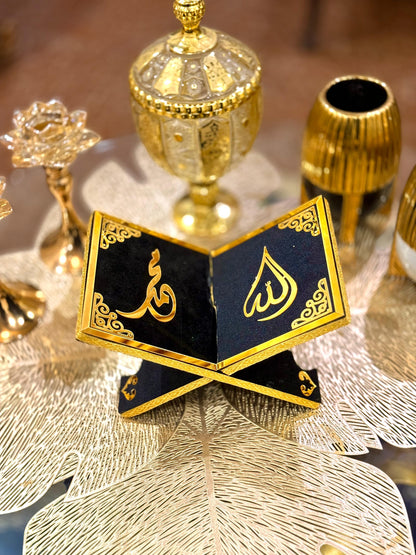 Decorative Muslim Golden Velvet Rehal Quran Holder Stand online Decorative Muslim black Velvet Rehal Quran Holder Stand online available at Idara-e-Islamiat. ideal for wedding gift at affordable Price.