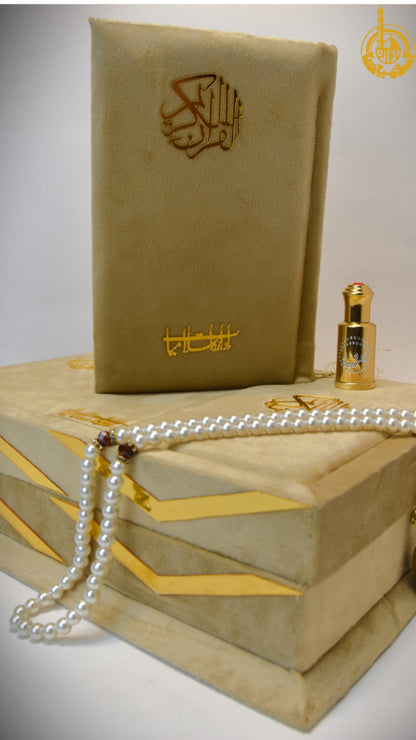 Golden Velvet Bridal Quran Set ( Ittar , Tasbeeh , Rahal box , Velvet Quran)