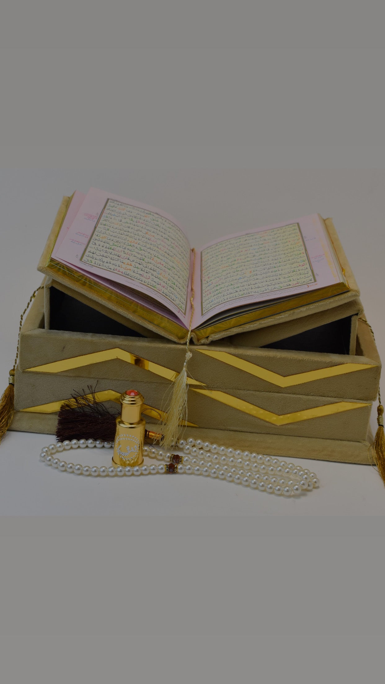 Golden Velvet Bridal Quran Set ( Ittar , Tasbeeh , Rahal box , Velvet Quran)