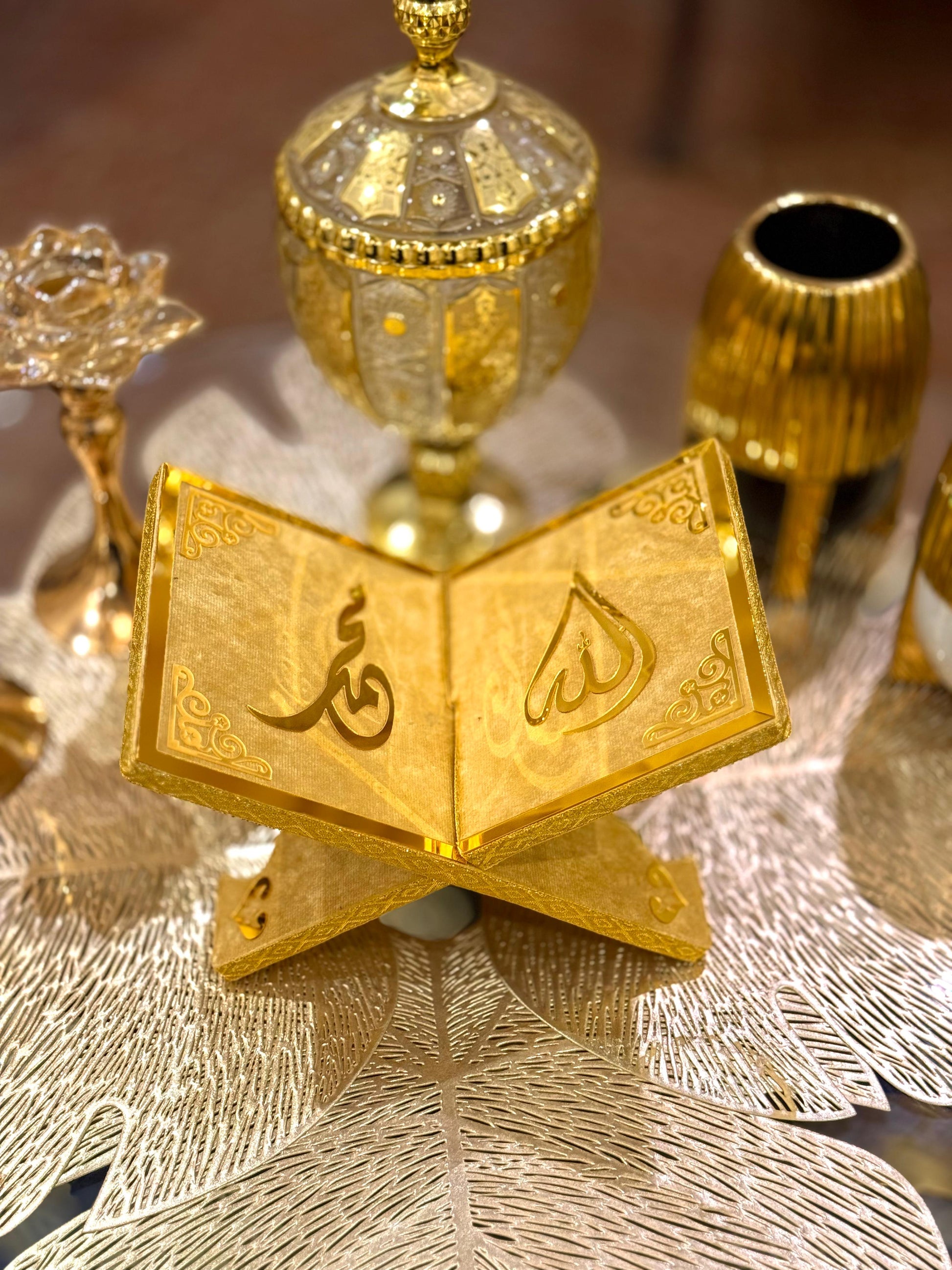 Decorative Muslim Friendly Golden Velvet Rehal Quran Holder Stand for Quran recitation. Online available at Idara-e-Islamiat. ideal for wedding gift at affordable Price.