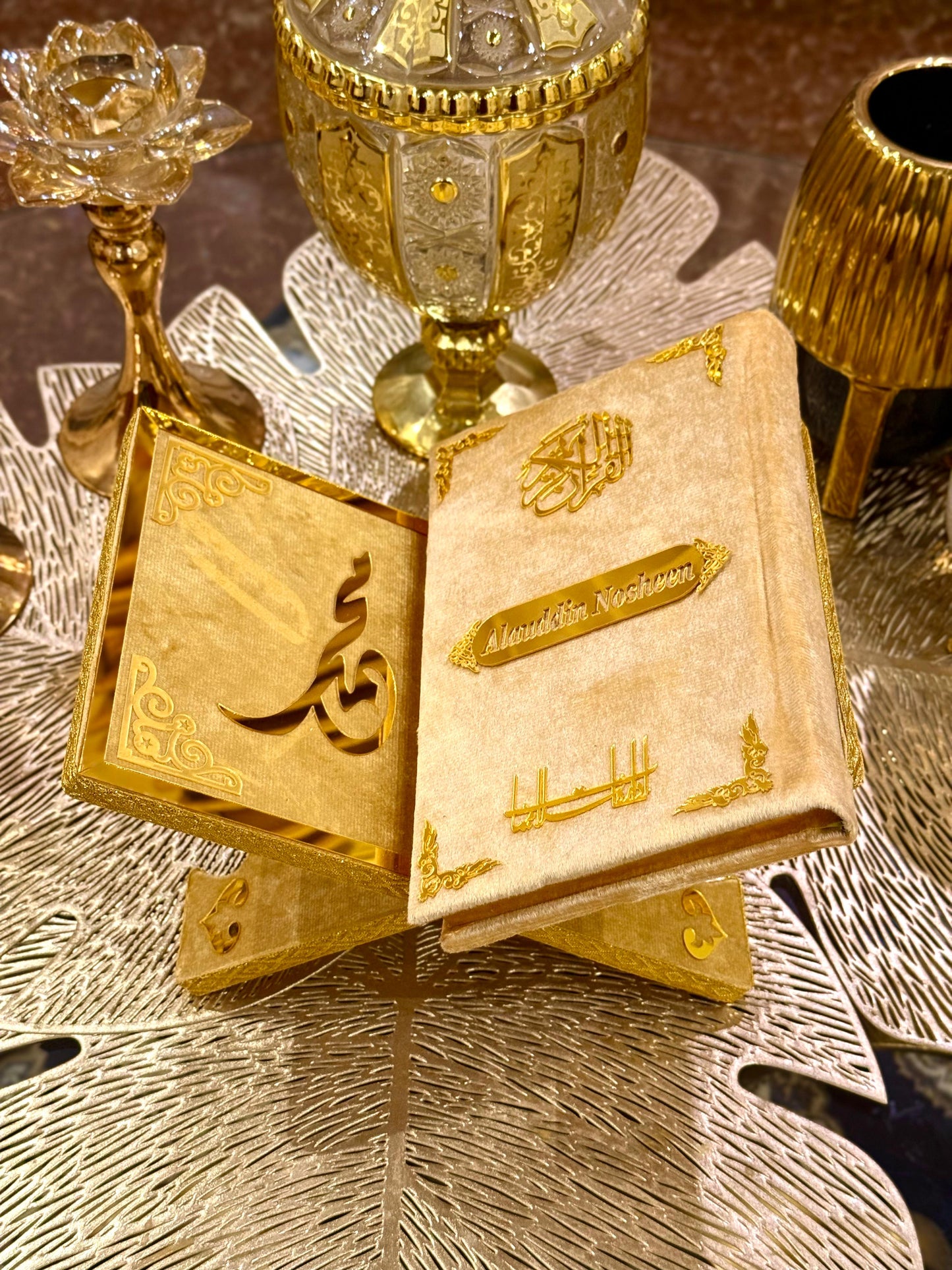 Decorative Muslim Friendly Golden Velvet Rehal Quran Holder Stand for Quran recitation. Online available at Idara-e-Islamiat. ideal for wedding gift at affordable Price.
