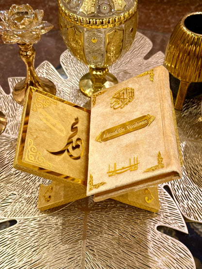 Decorative Muslim Friendly Golden Velvet Rehal Quran Holder Stand for Quran recitation. Online available at Idara-e-Islamiat. ideal for wedding gift at affordable Price.
