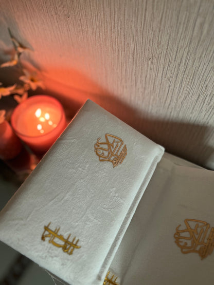 White Pearl Bridal Velvet Quran Set with Ittar Tasbeeh Janamz