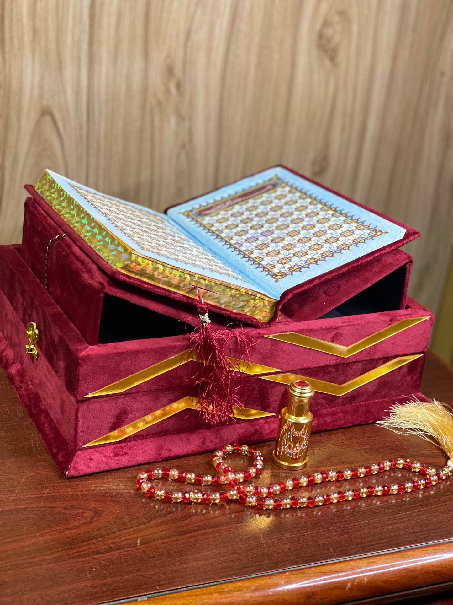 Maroon Velvet Bridal Quran Set With Janamz , Tabseeh , Ittar