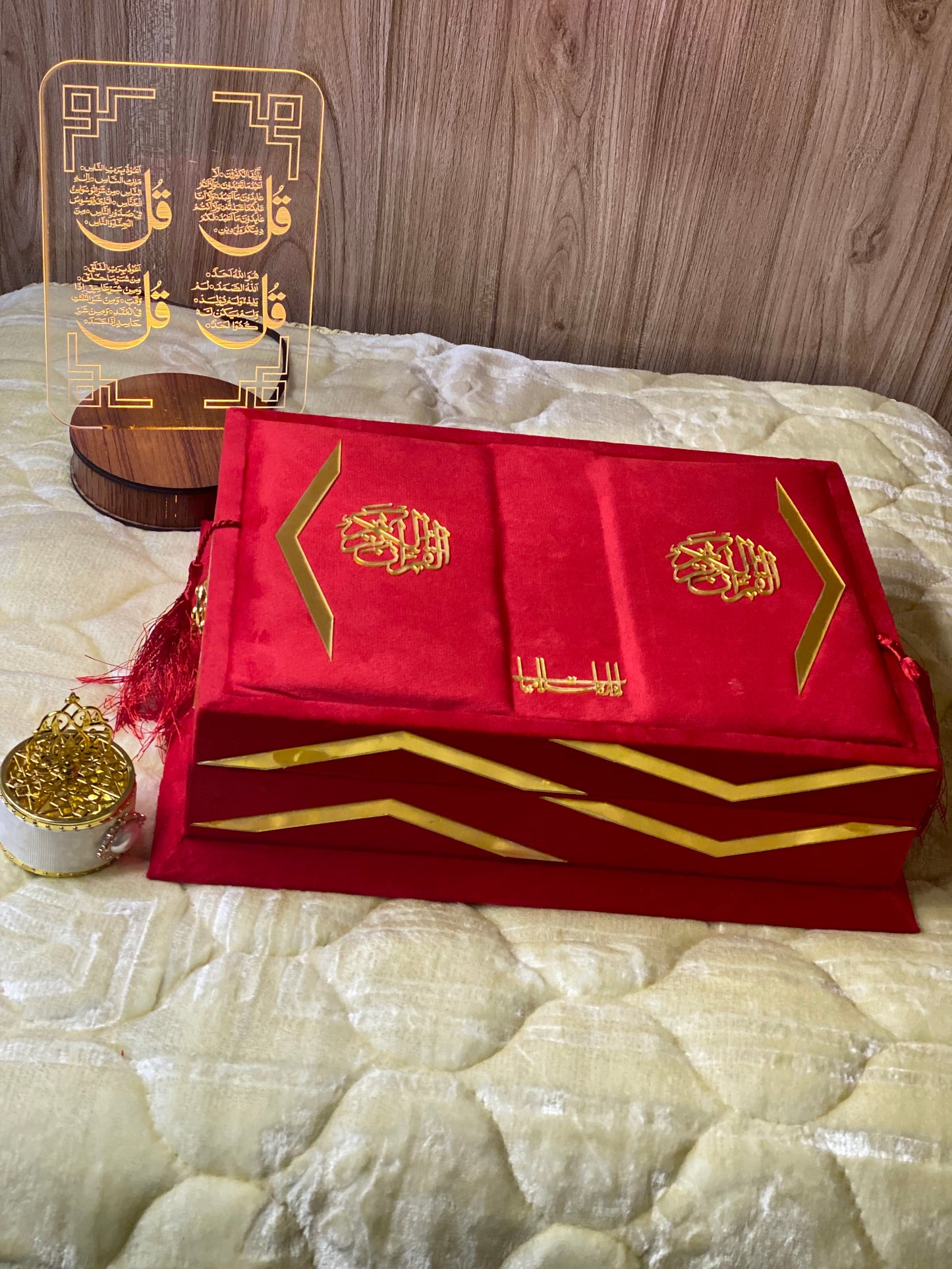 Ruby Red Velvet Quran Set (Tasbeeh , Ittar , Velvet Rahal Box , Velvet Quran)