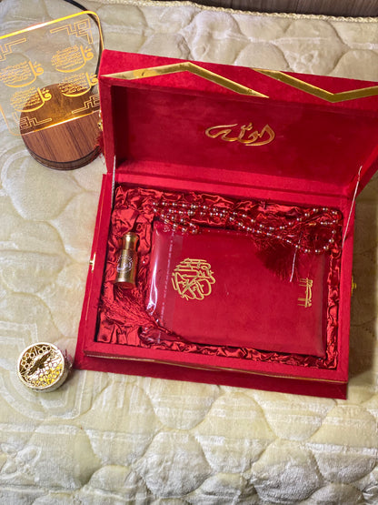 Ruby Red Velvet Quran Set (Tasbeeh , Ittar , Velvet Rahal Box , Velvet Quran)