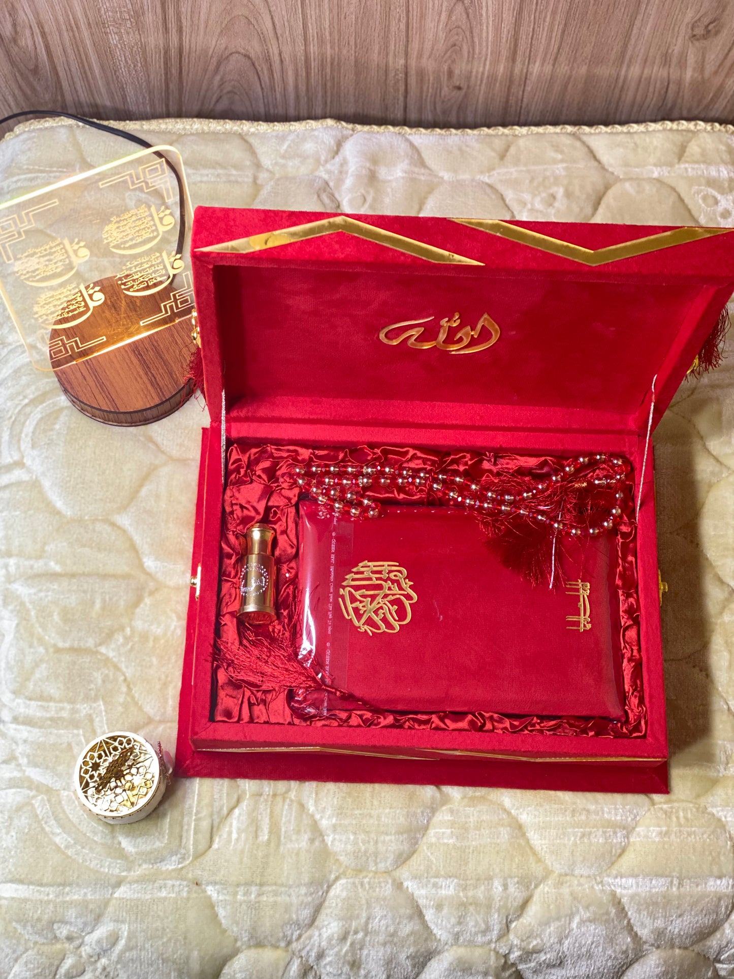 Ruby Red Velvet Quran Set (Tasbeeh , Ittar , Velvet Rahal Box , Velvet Quran)