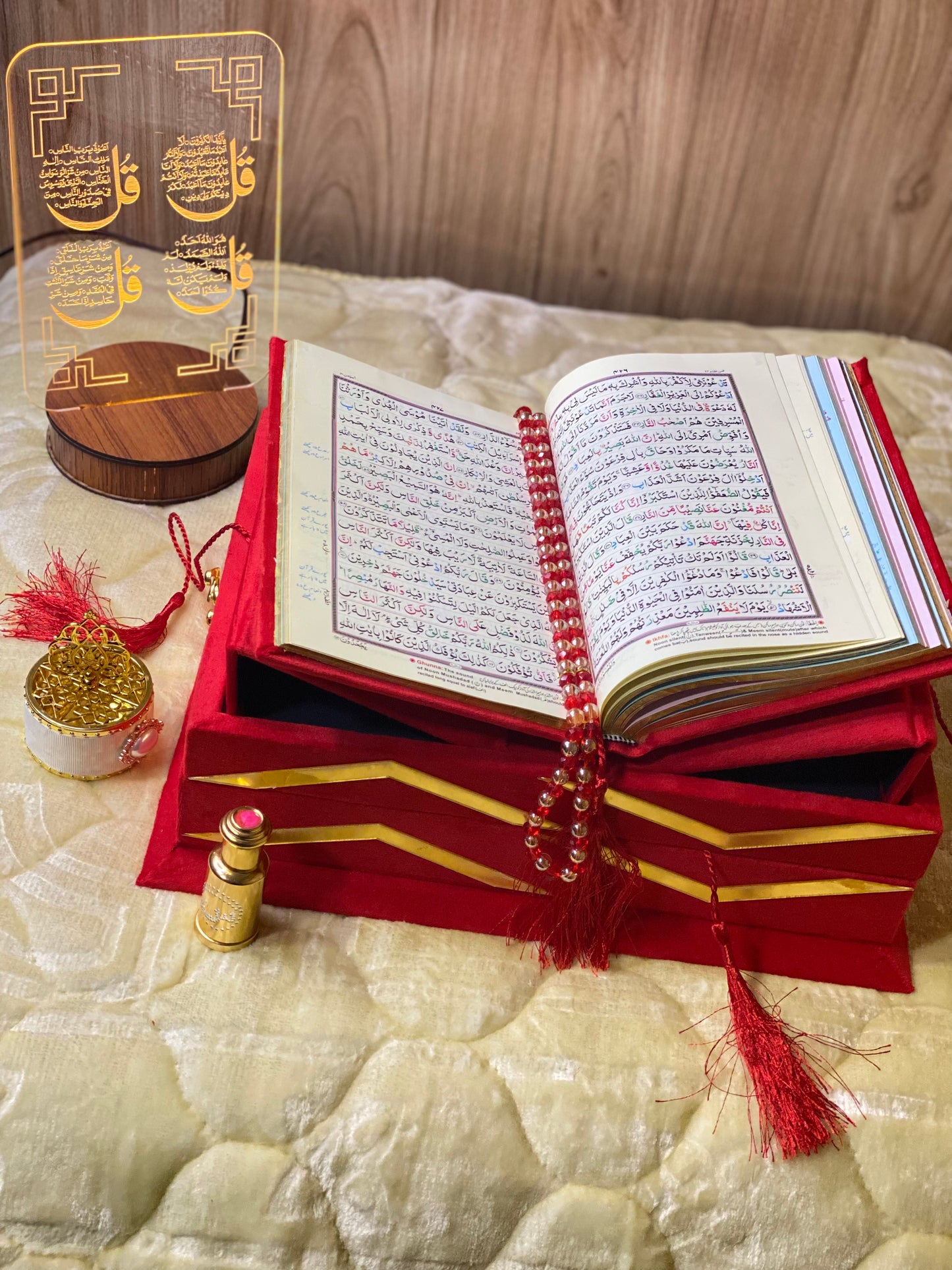 Ruby Red Velvet Quran Set (Tasbeeh , Ittar , Velvet Rahal Box , Velvet Quran)