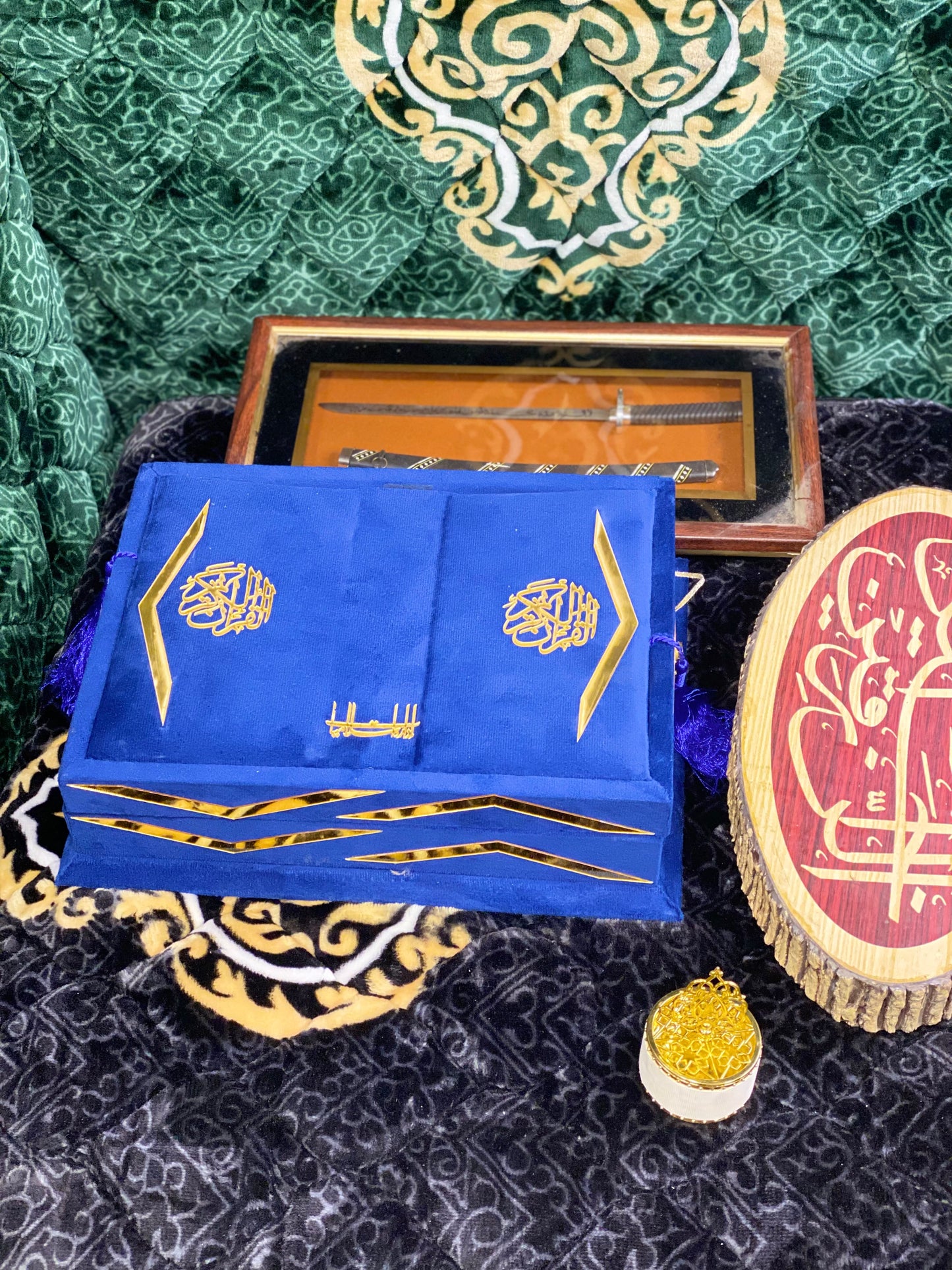 Blue Navy Velvet Quran Set (Tasbeeh , Ittar , Velvet Rahal Box , Velvet Quran)