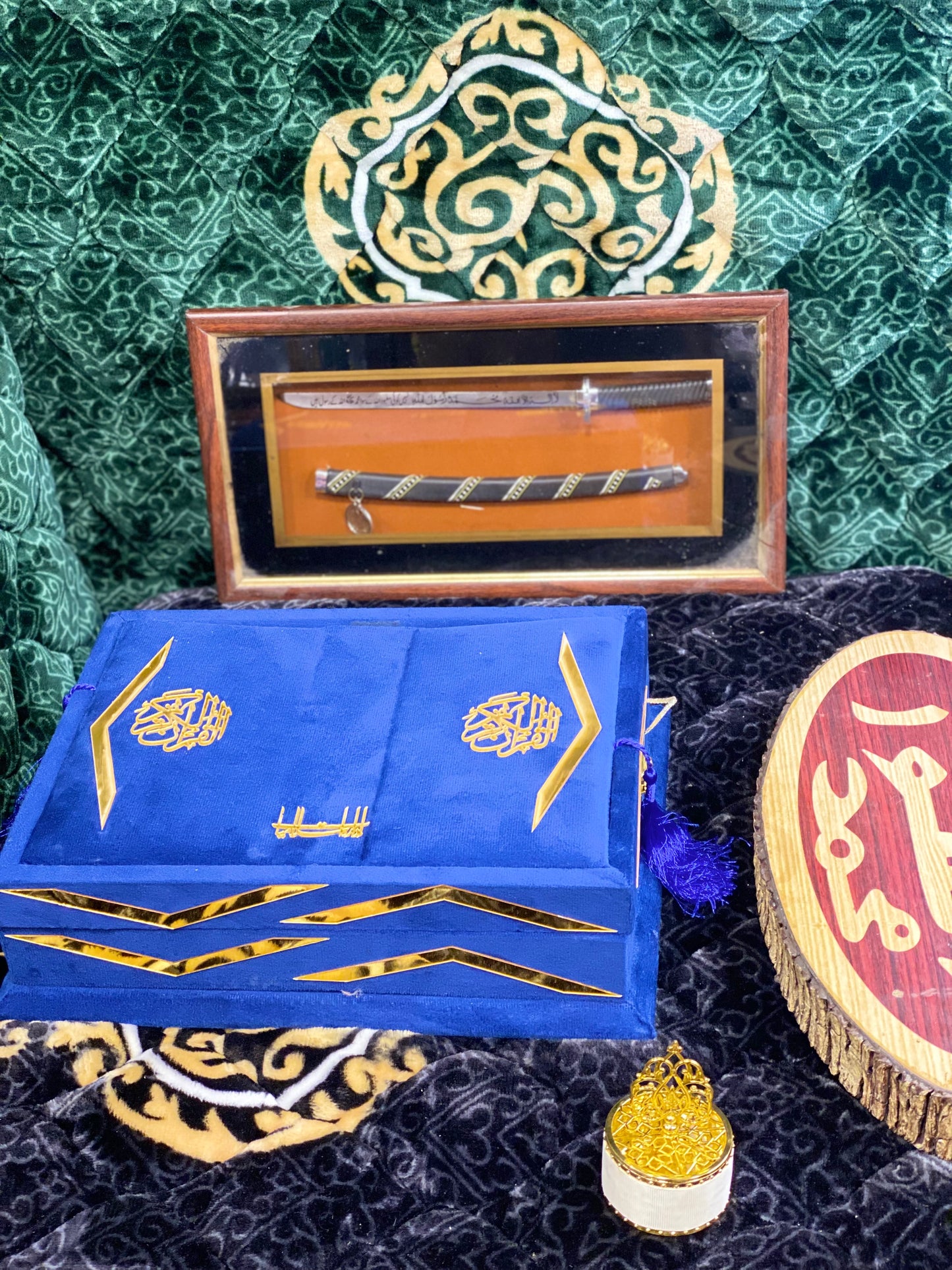 Blue Navy Velvet Quran Set (Tasbeeh , Ittar , Velvet Rahal Box , Velvet Quran)