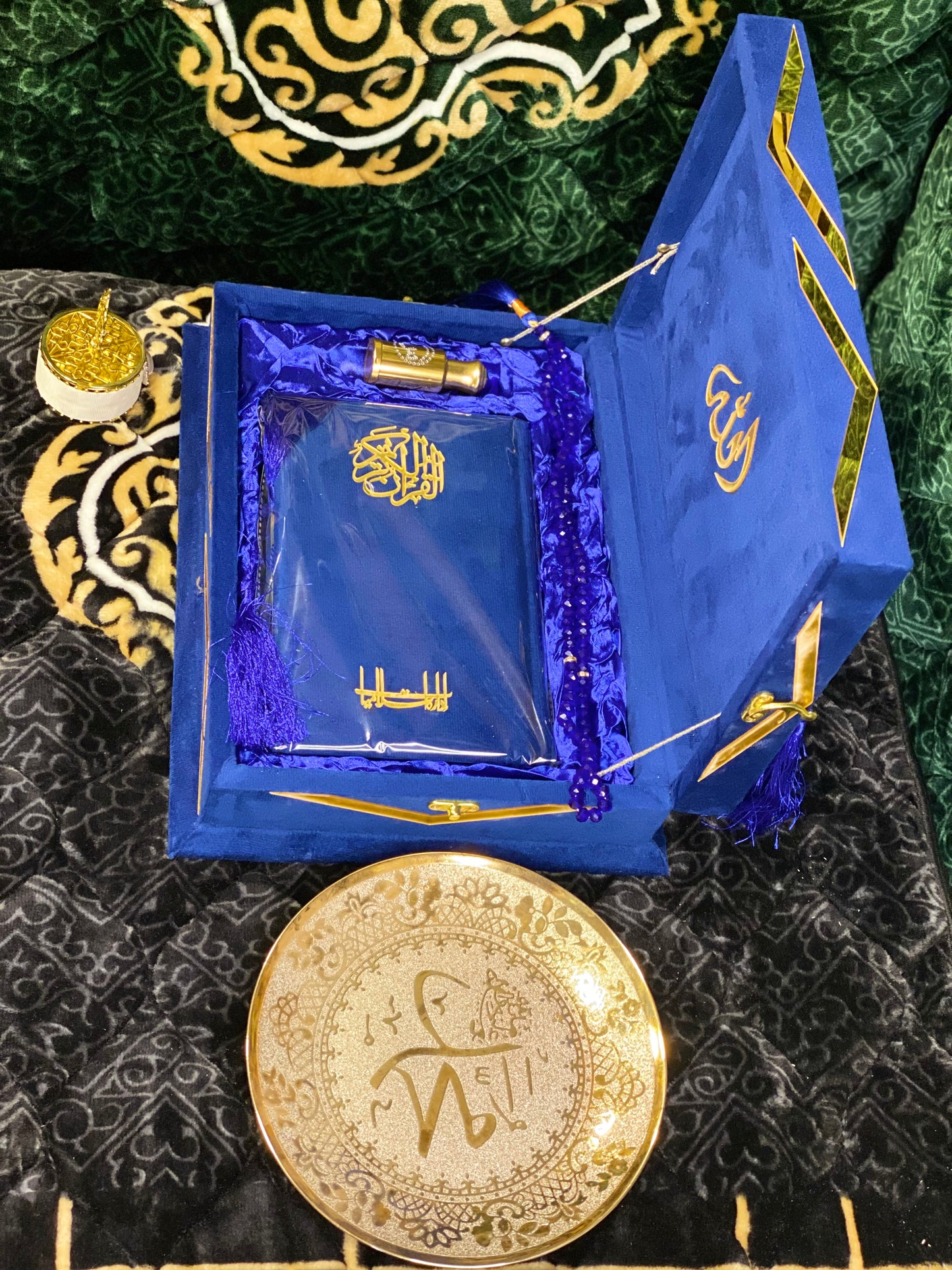 Blue Navy Velvet Quran Set (Tasbeeh , Ittar , Velvet Rahal Box , Velvet Quran)