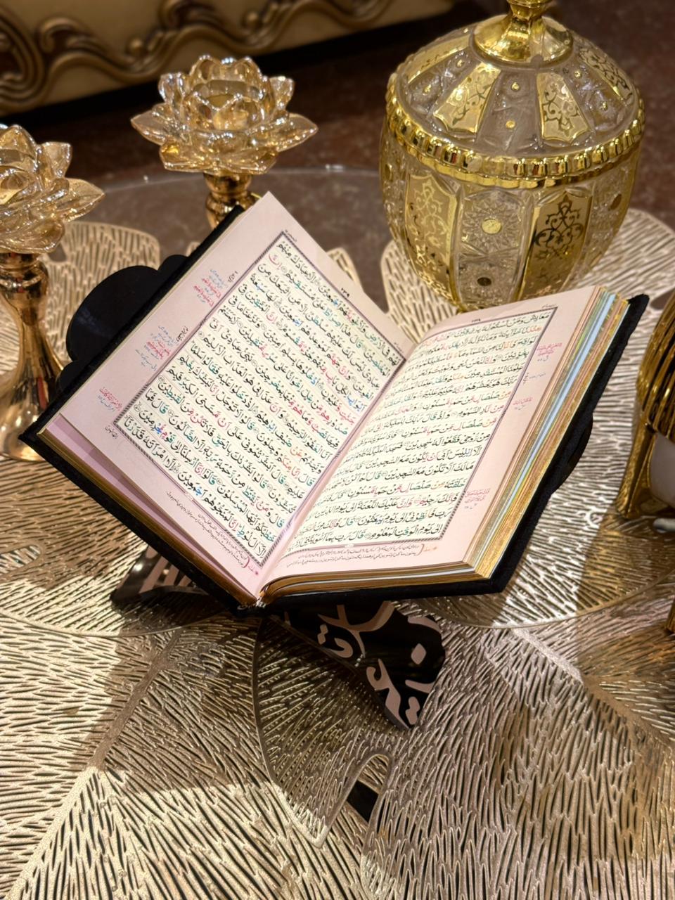 Sleek and durable Black Acrylic Quran Rehal Stand by Idara-e-islamiat is assembled, while Velvet Tajweedi Quran placed over the rehal ready for Quran recitation 