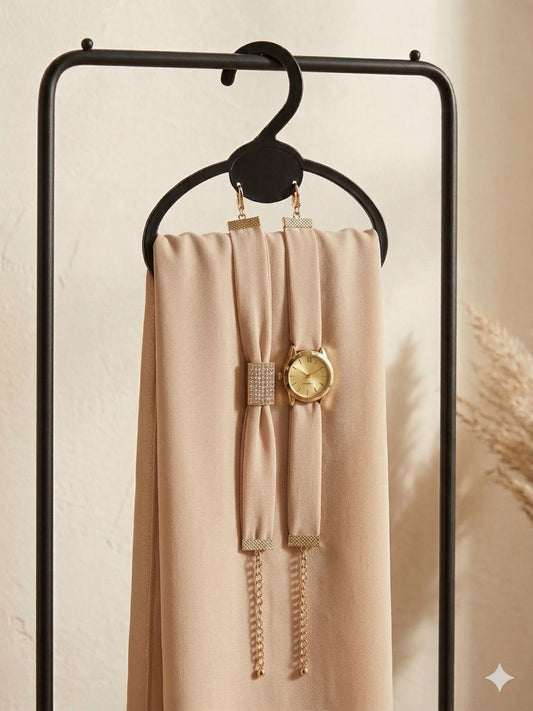 Royal Watch Bracelet Party Wear Scarf - Golden- Islamic Hijab