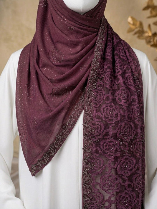 Fancy Stone Work Net (Burn Out ) Scarf - Islamic Hijab | Purple