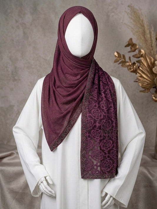 Fancy Stone Work Net (Burn Out ) Scarf - Islamic Hijab | Purple